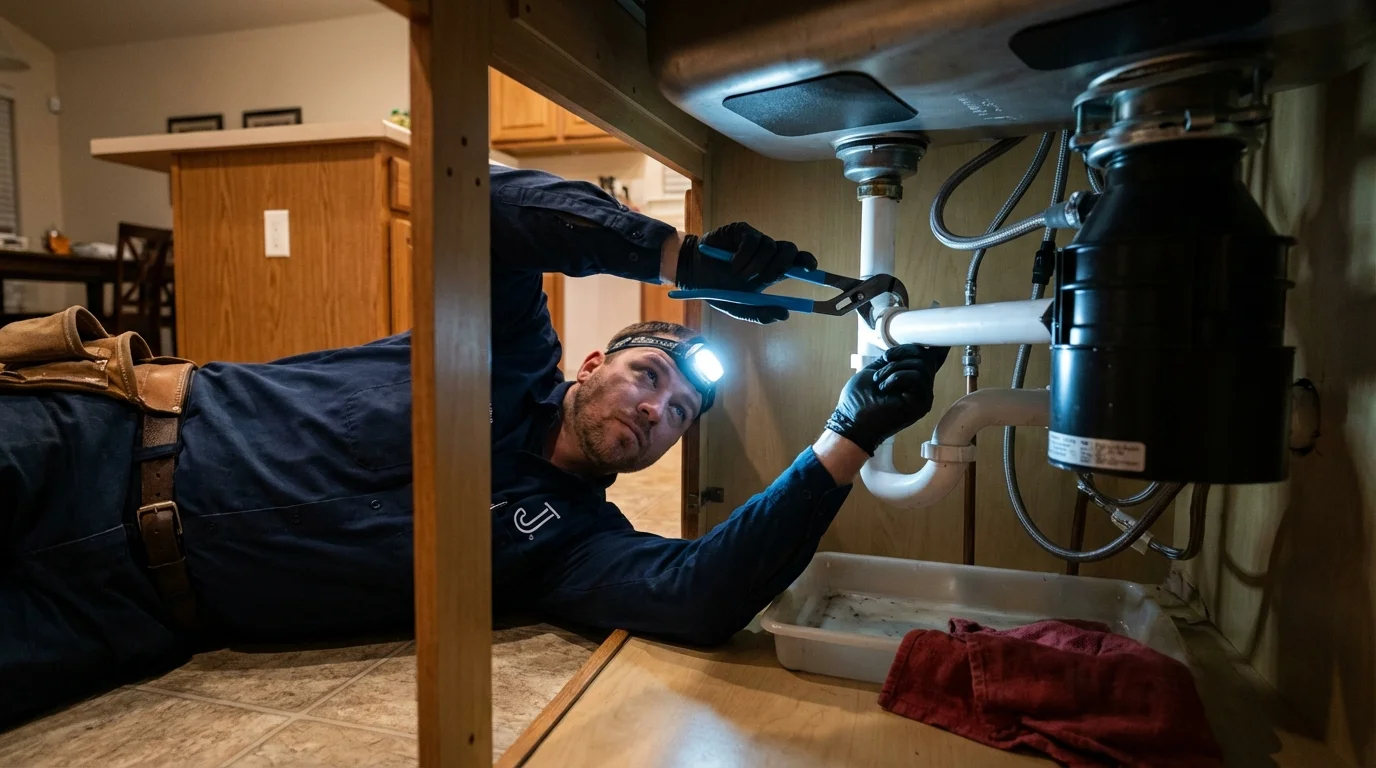 P-trap and supply line connections under a kitchen sink showing a common leak point in Sedona, AZ